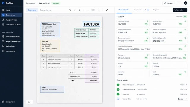 Extracción de datos de documentos con IA — factura procesada automáticamente