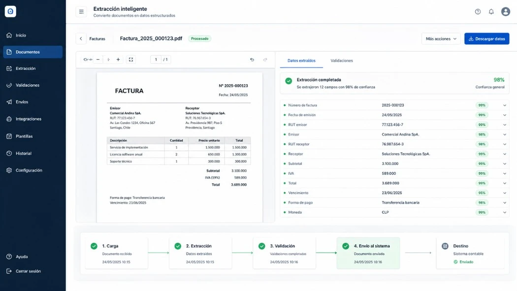 Sistema de extracción de documentos con IA — factura procesada y campos extraídos