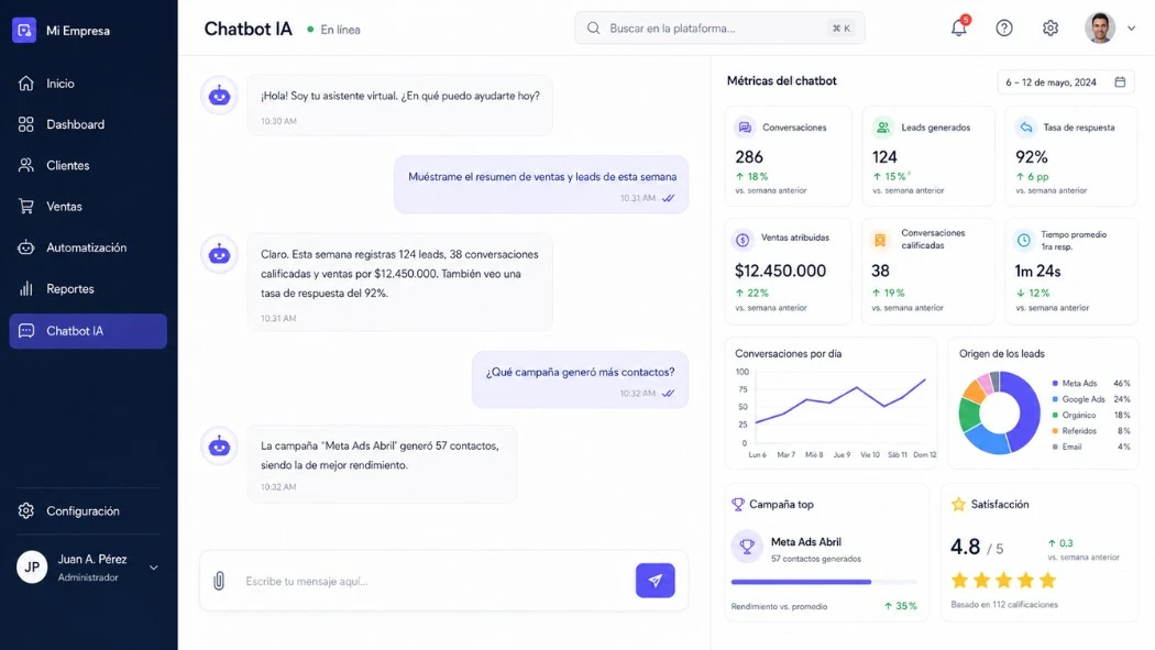 Chatbot empresarial IA — interfaz de conversación y panel de admin