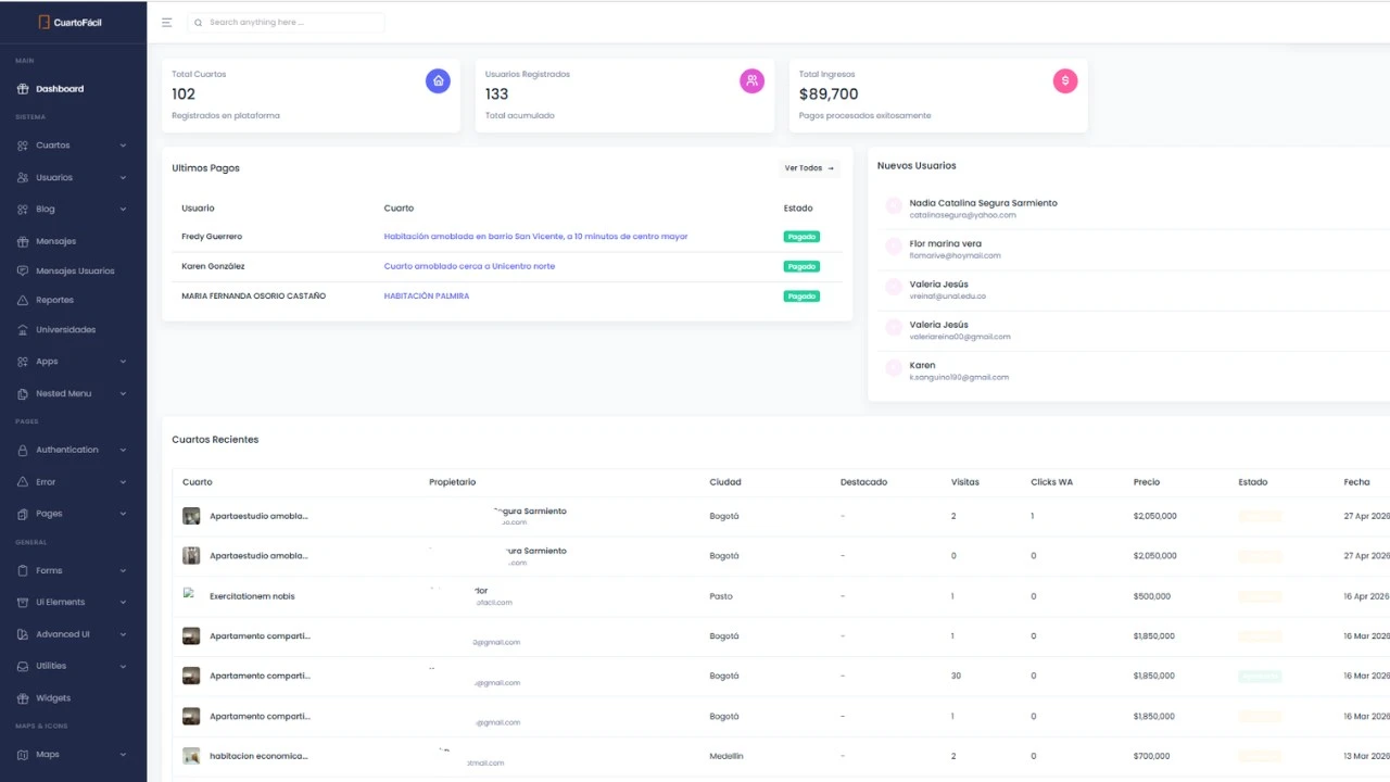 Vista completa del marketplace CuartoFácil en producción